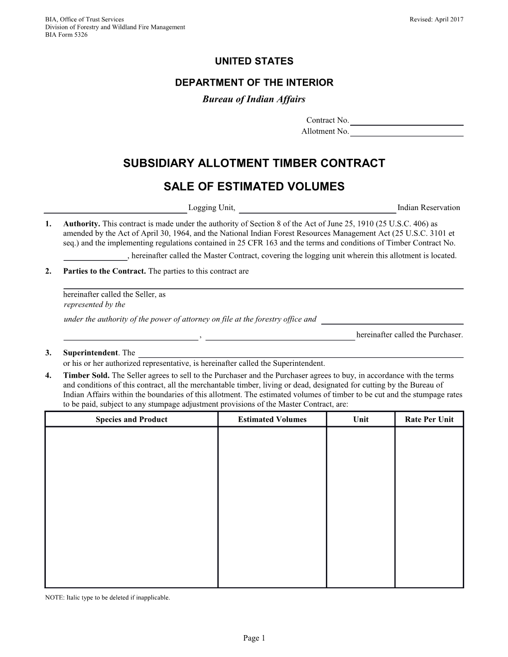 Subsidiary Allotment Timber Contract