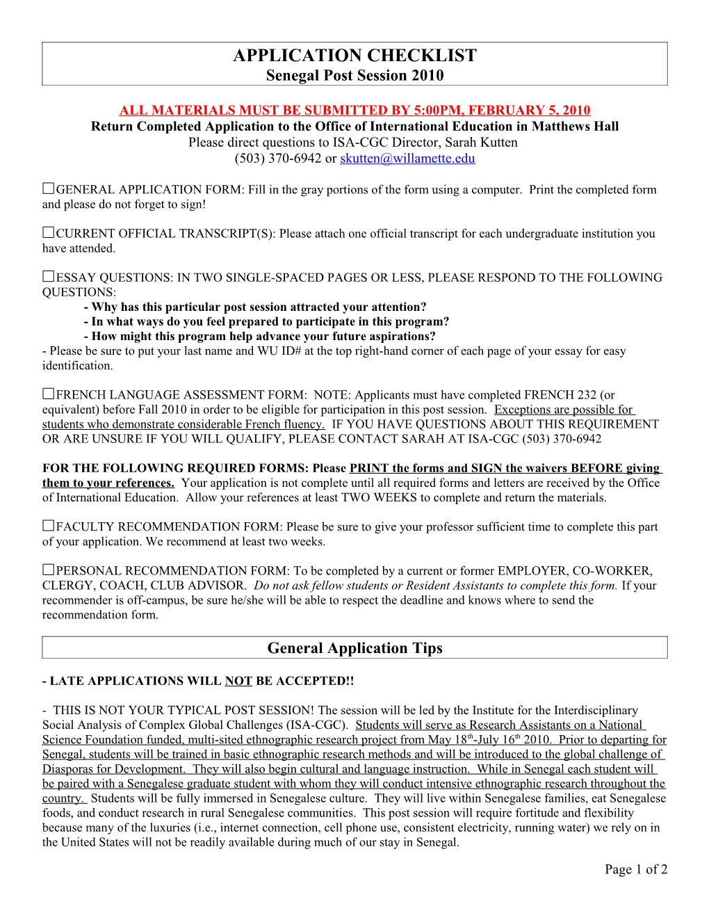 Participant Application Checklist