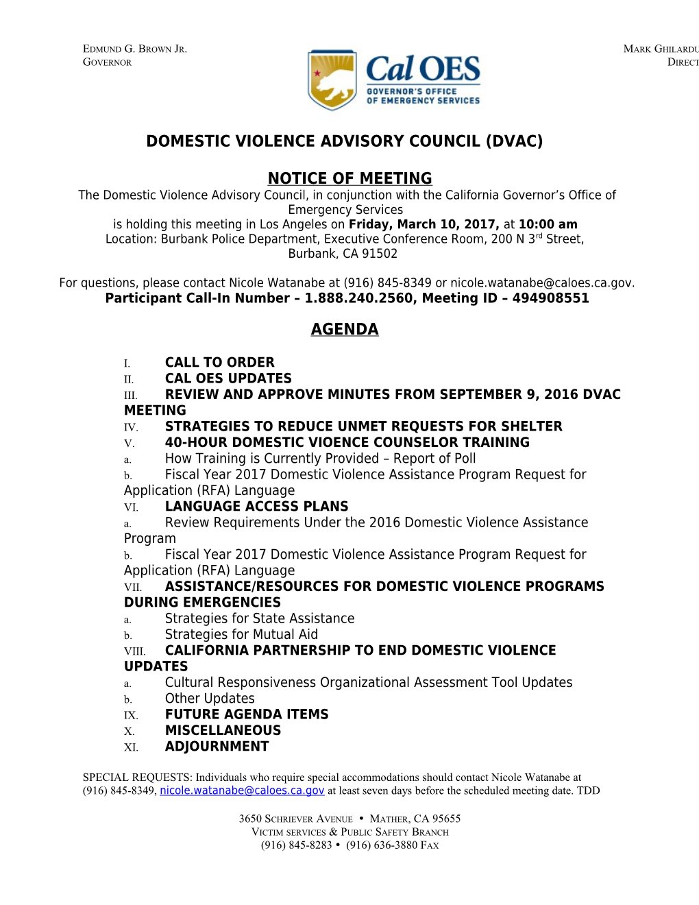 Domestic Violence Advisory Council (DVAC) Notice of Meeting - March 10, 2017