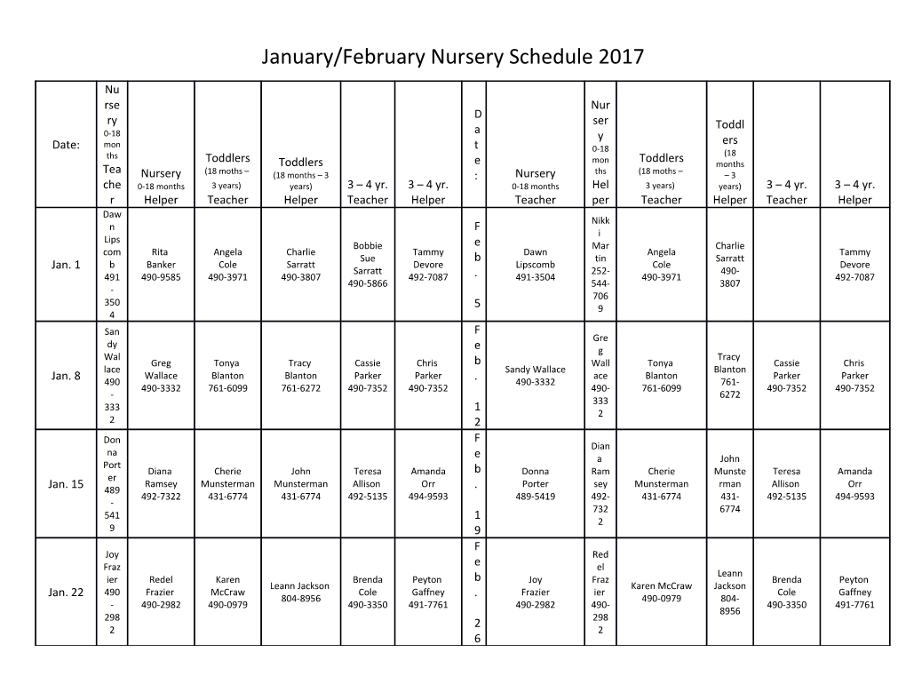 January/February Nursery Schedule 2017