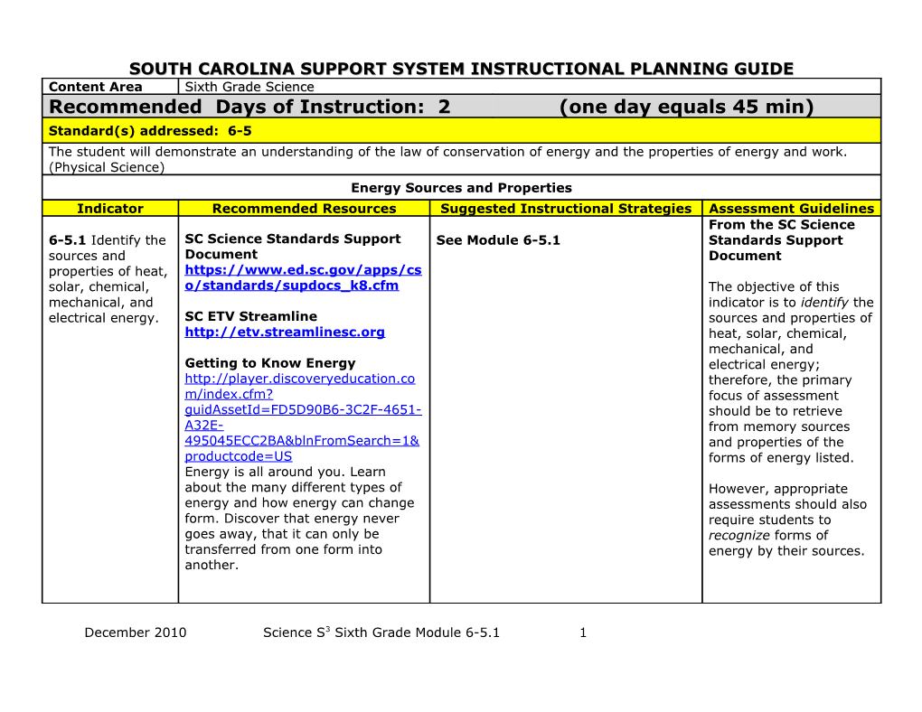 South Carolina Support System Instructional Planning Guide