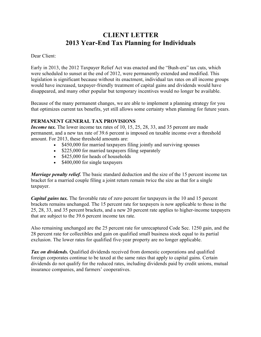 2013 Year-End Tax Planning for Individuals