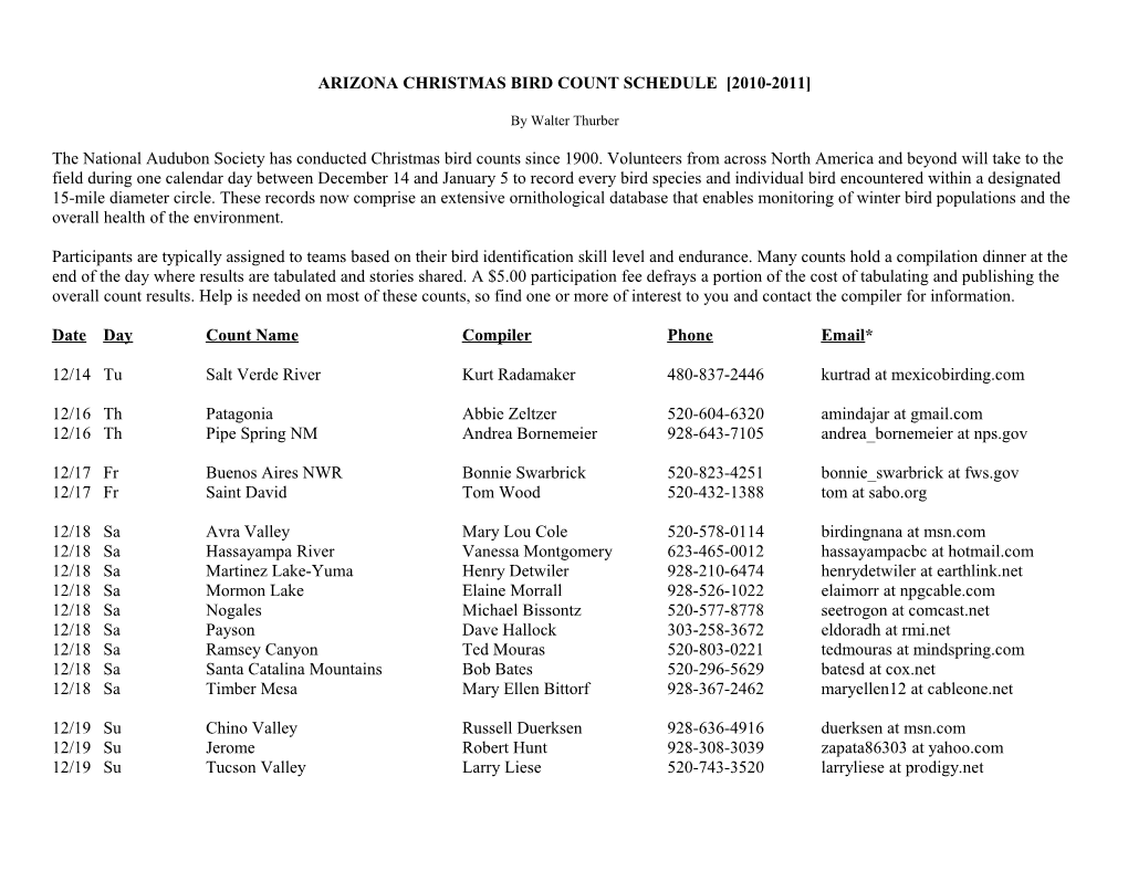 Arizonachristmas Bird Count Schedule 2010-2011