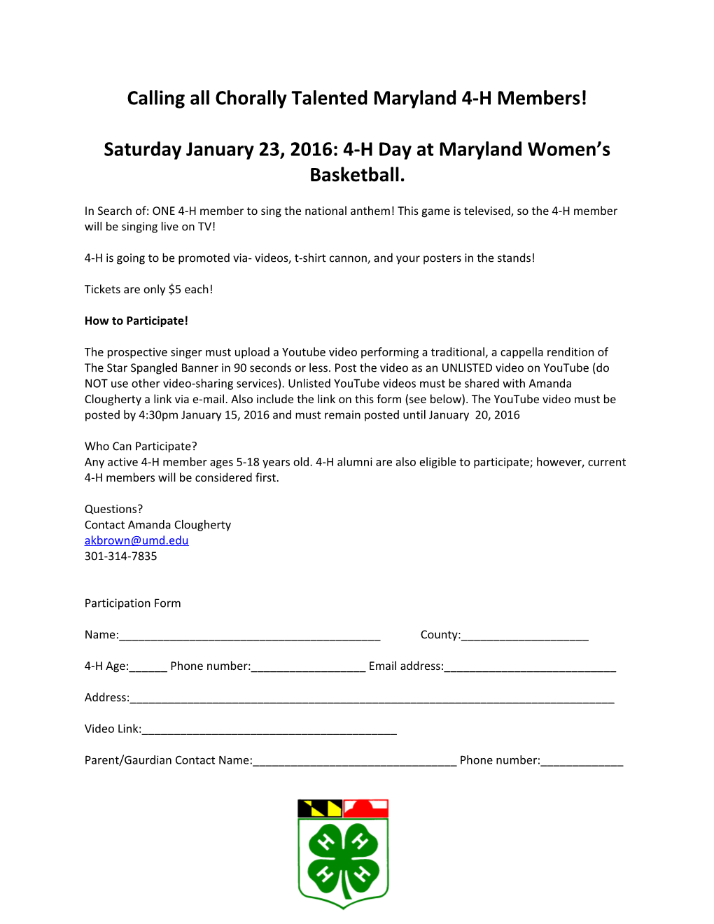 Calling All Chorally Talented Maryland 4-H Members!
