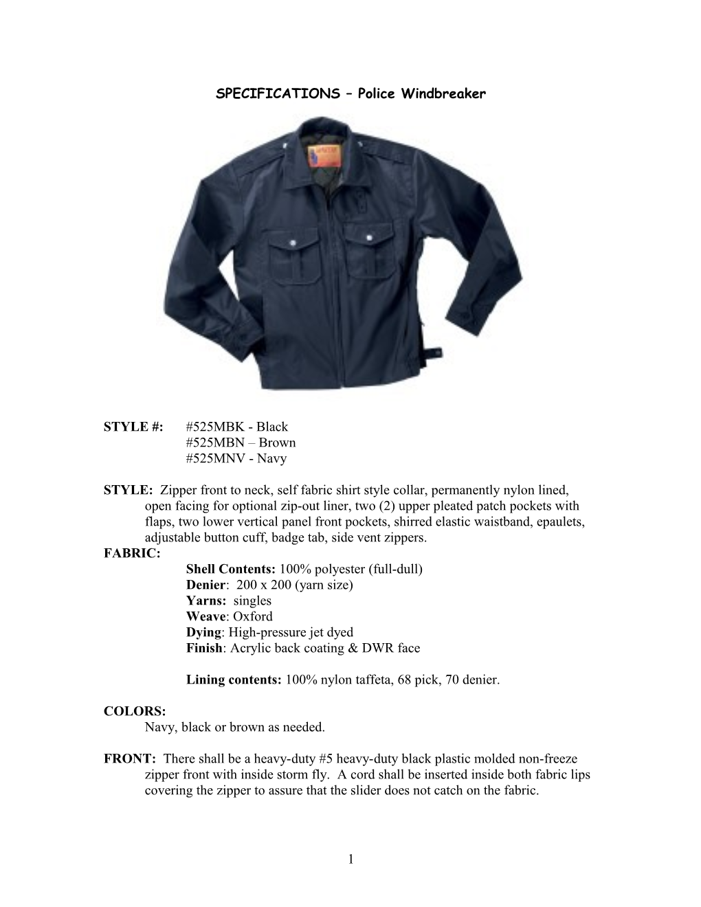 Specification - Millennium Police Jacket #530 s1