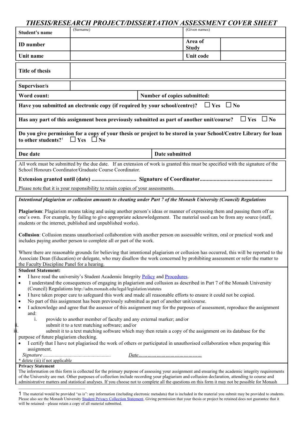 Thesis/Research Project/Dissertationassessment Cover Sheet