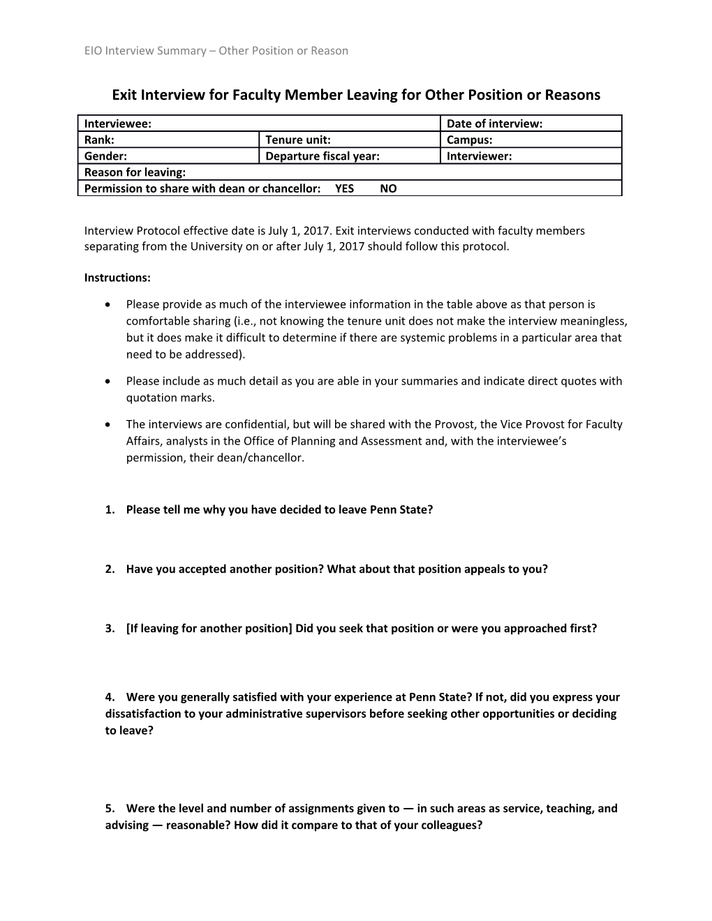 Exit Interview for Faculty Member Leaving for Other Position Or Reasons