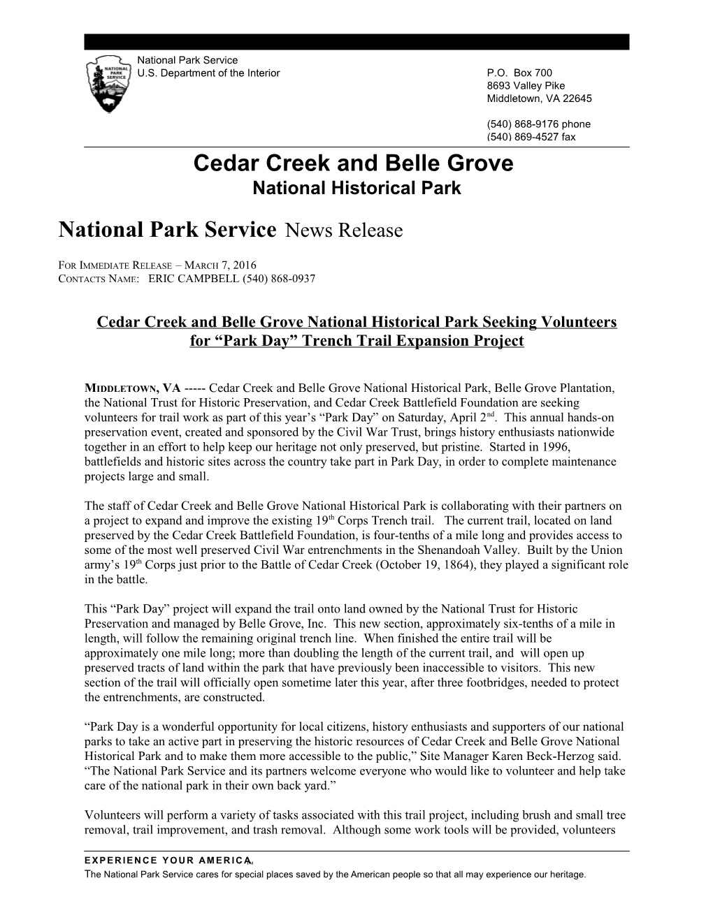 National Park Service News Release