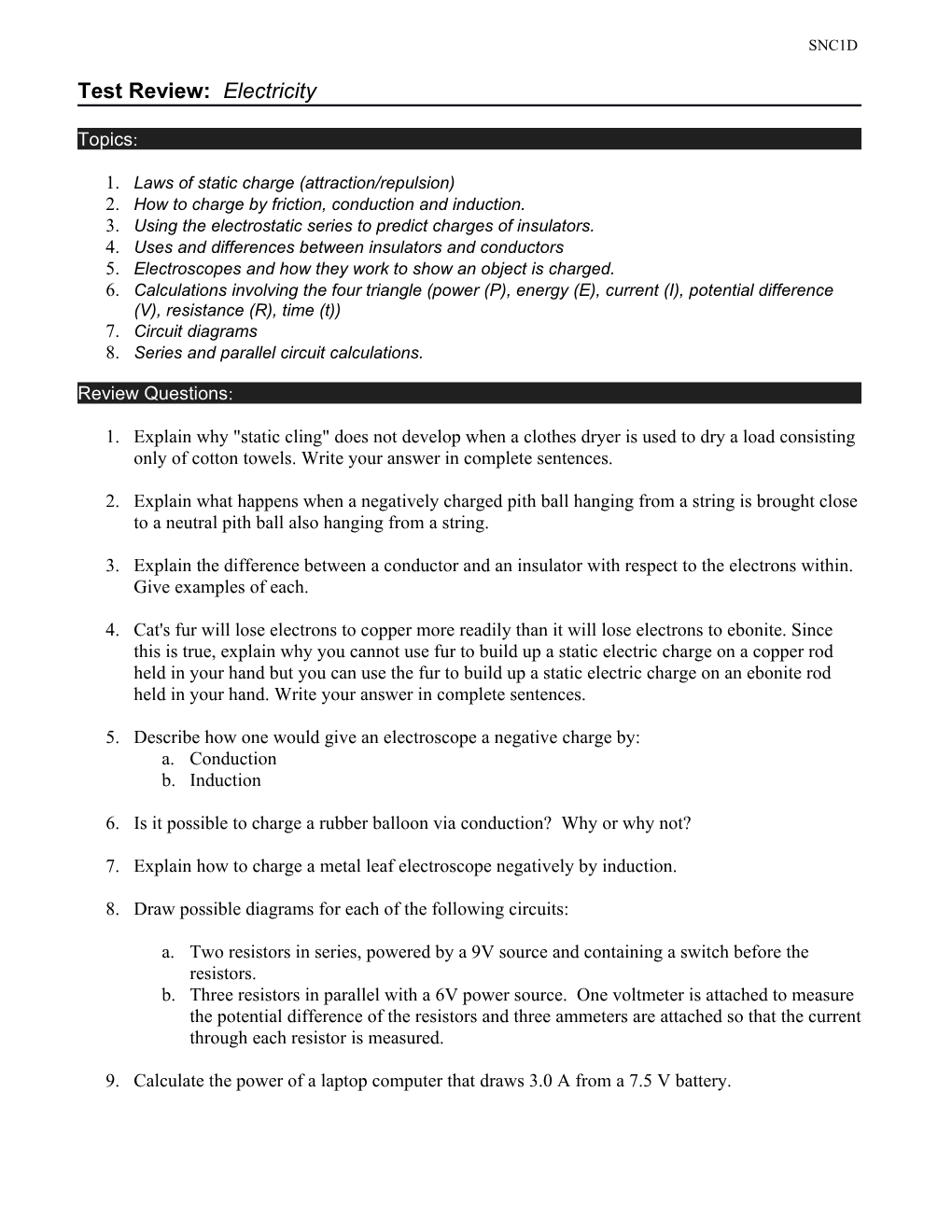 Electricity Test Review Sheet