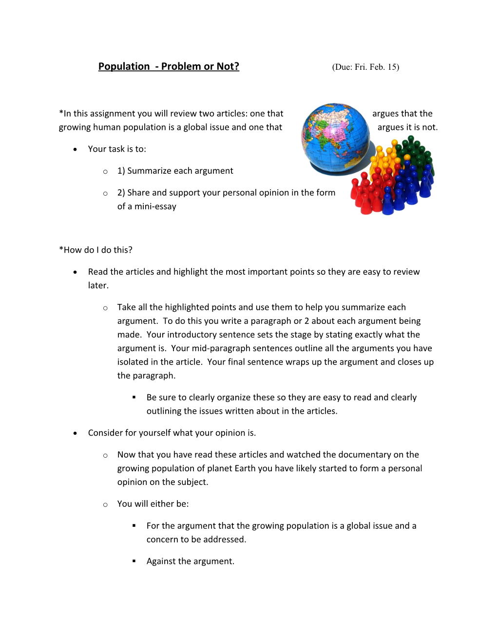 Population - Problem Or Not? (Due: Fri. Feb. 15)