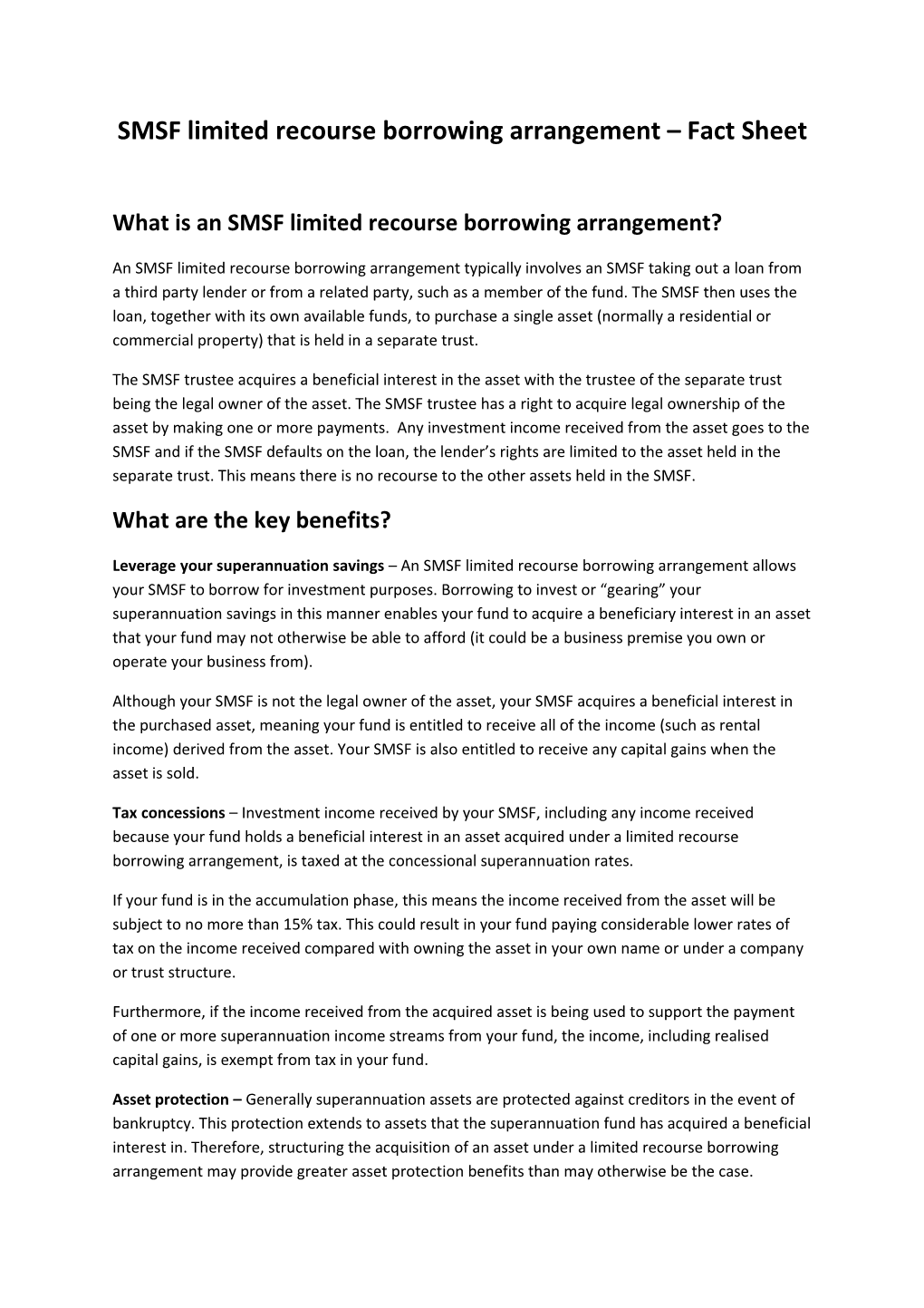 SMSF Limited Recourse Borrowing Arrangement Fact Sheet