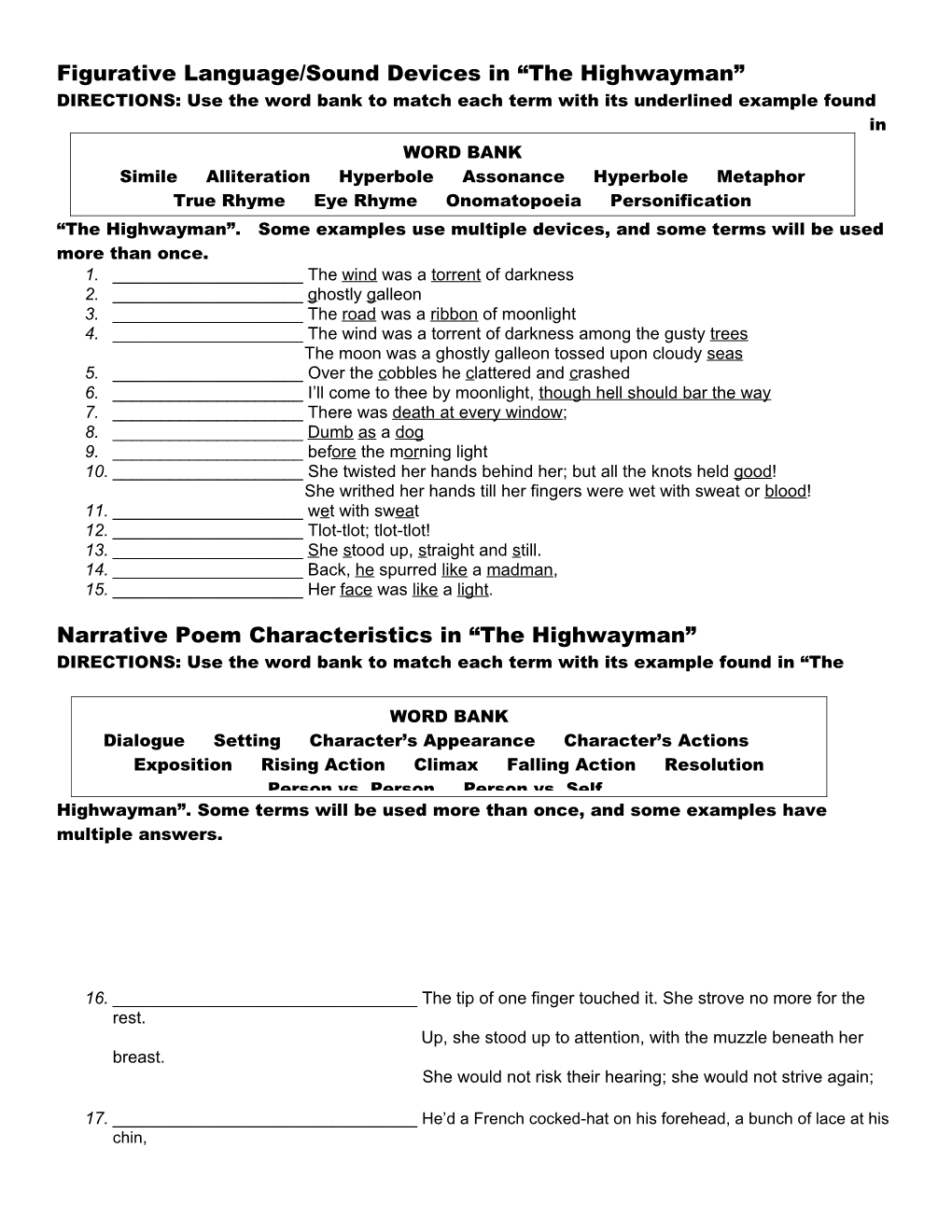 Figurative Language/Sound Devices in the Highwayman