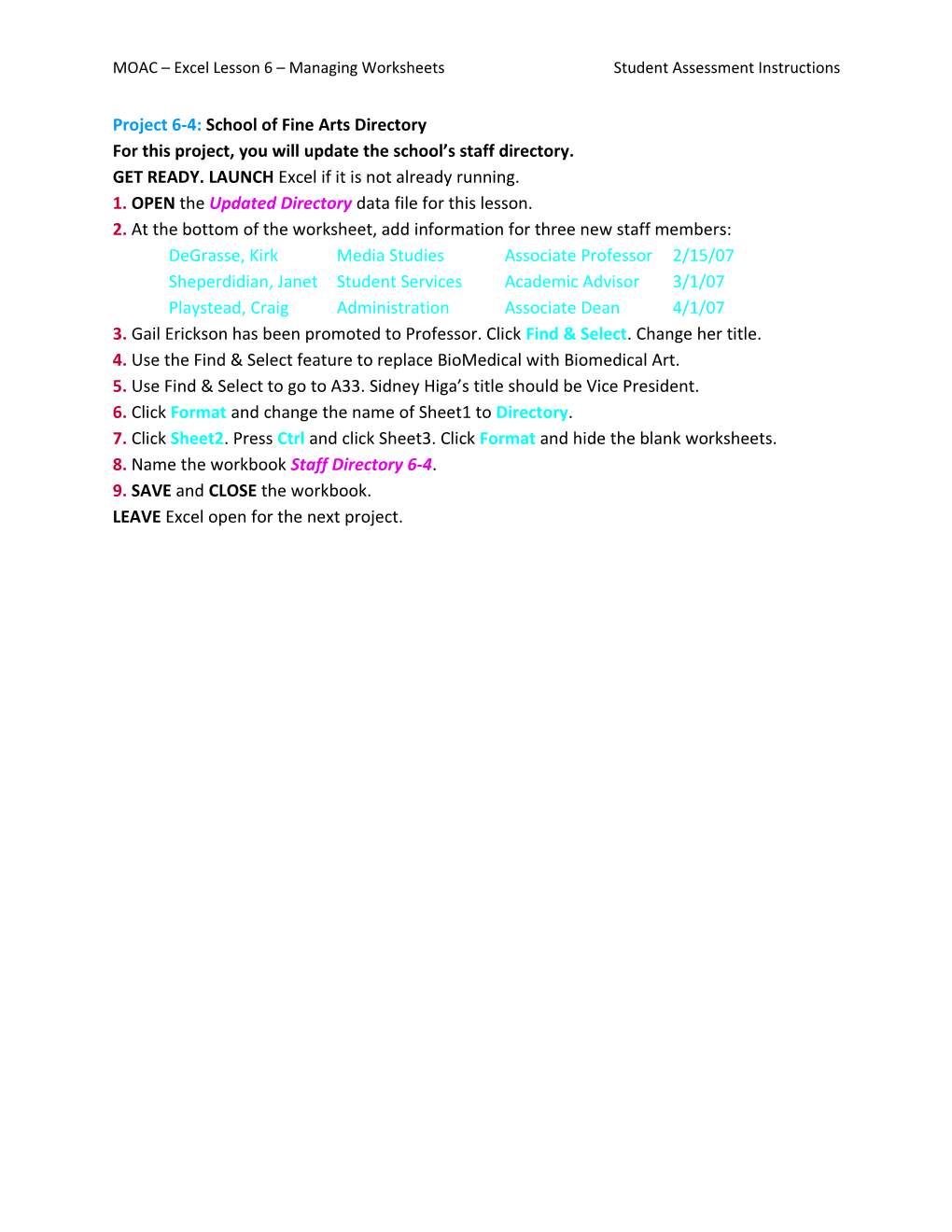 MOAC Excel Lesson 6 Managing Worksheets Student Assessment Instructions