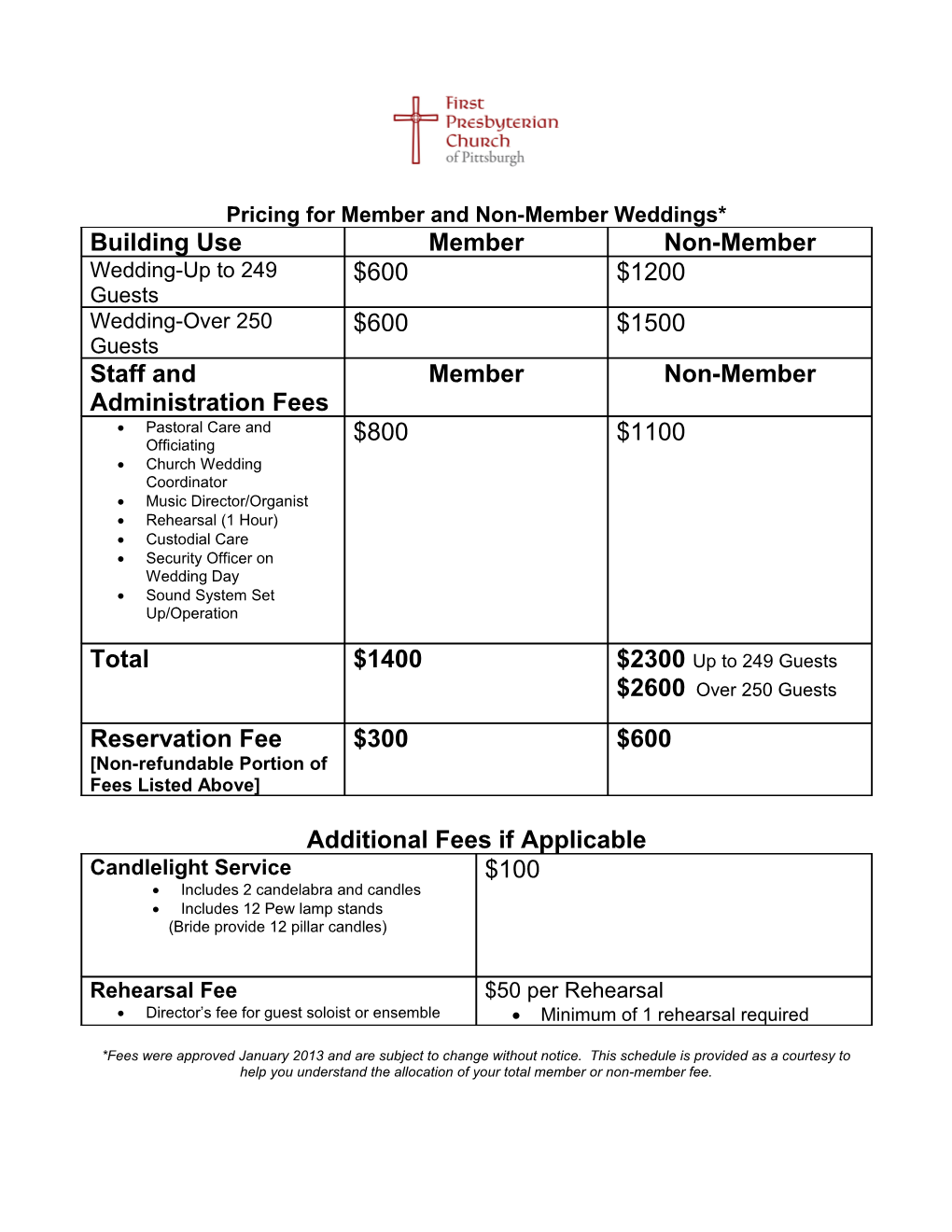 Pricing for Member and Non-Member Weddings*