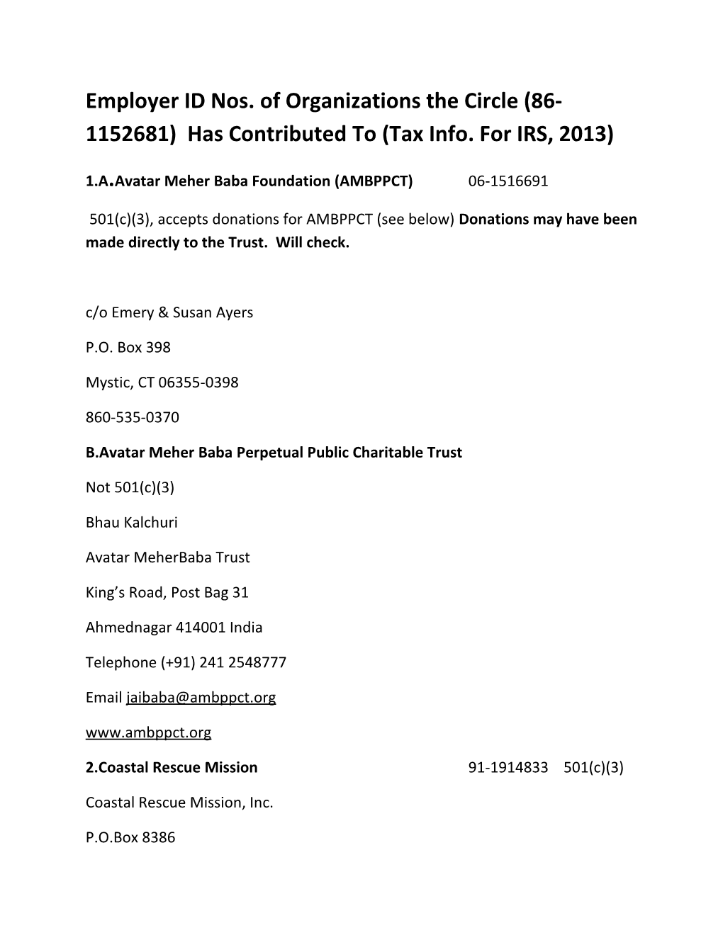 Employer ID Nos. of Organizations the Circle (86-1152681) Has Contributed to (Tax Info