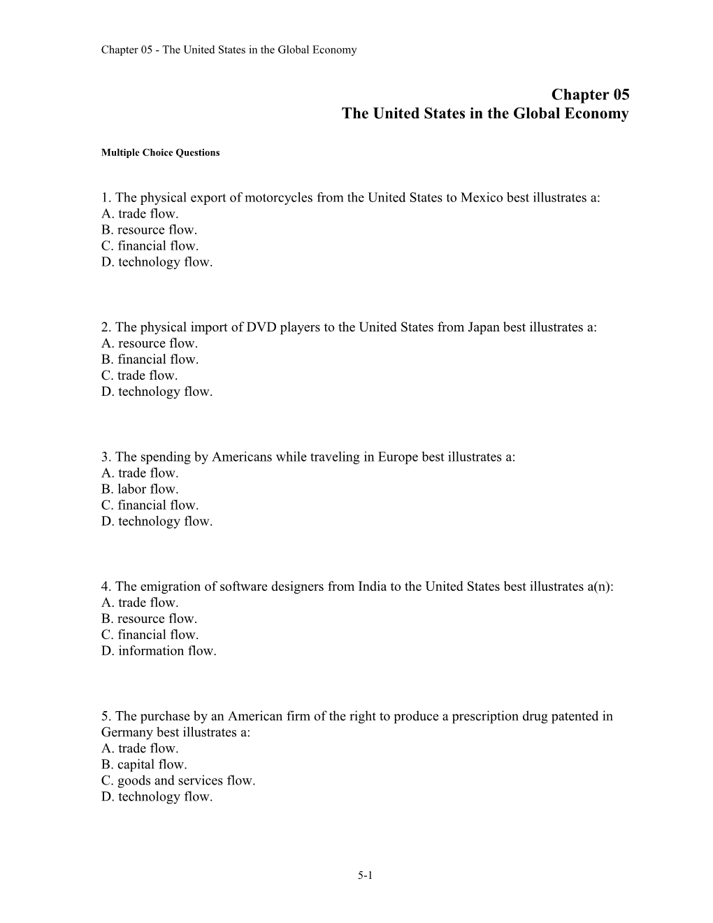Chapter 05 The United States In The Global Economy:(Multiple Choice Questions)