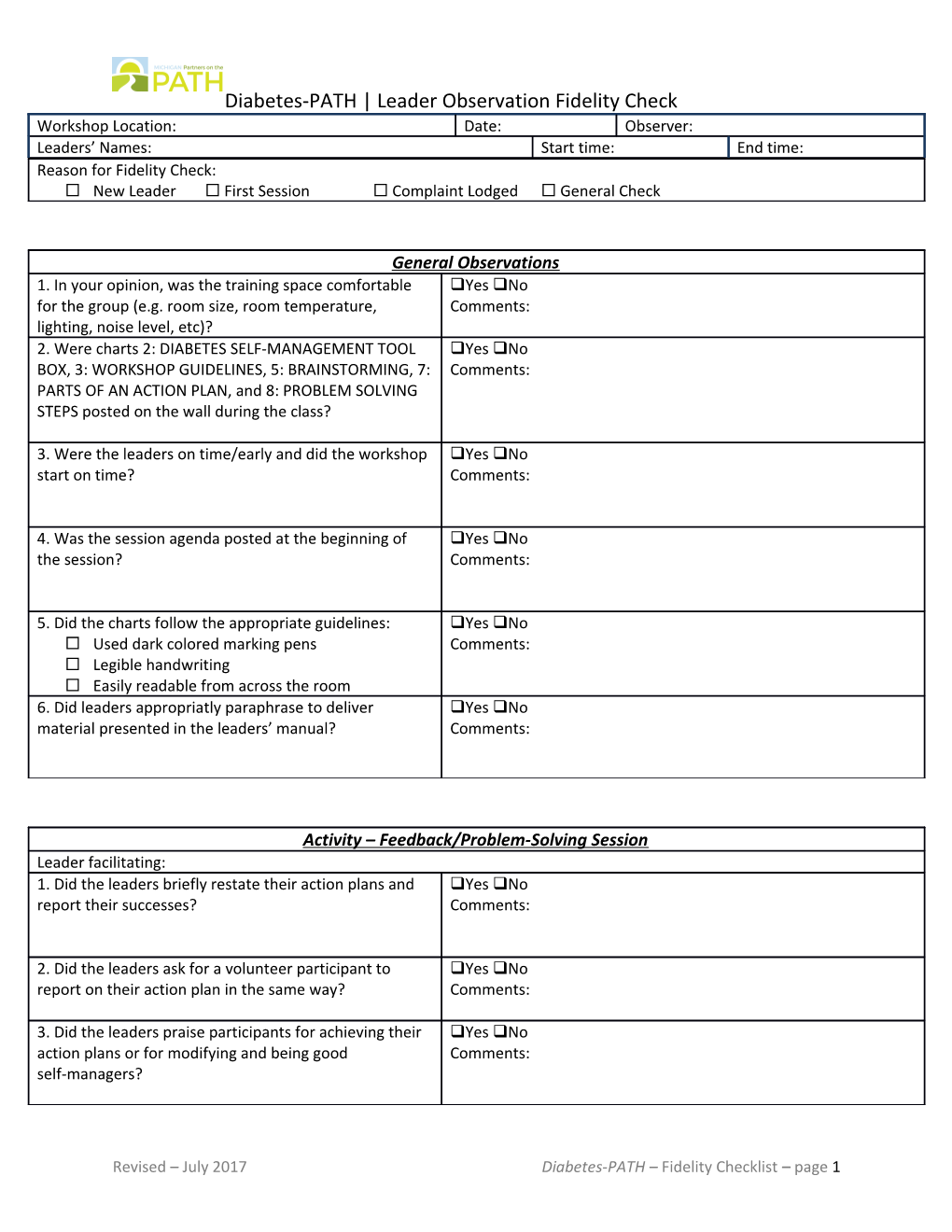 Revised July 2017Diabetes-PATH Fidelity Checklist Page1