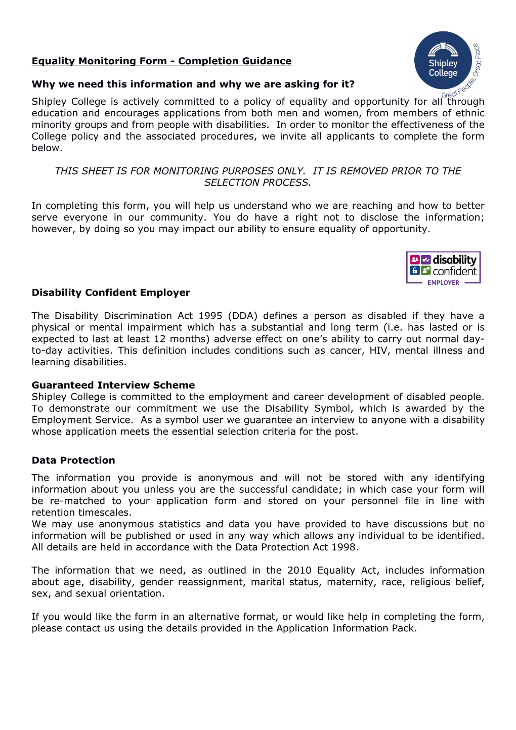 Equality Monitoring Form - Completion Guidance