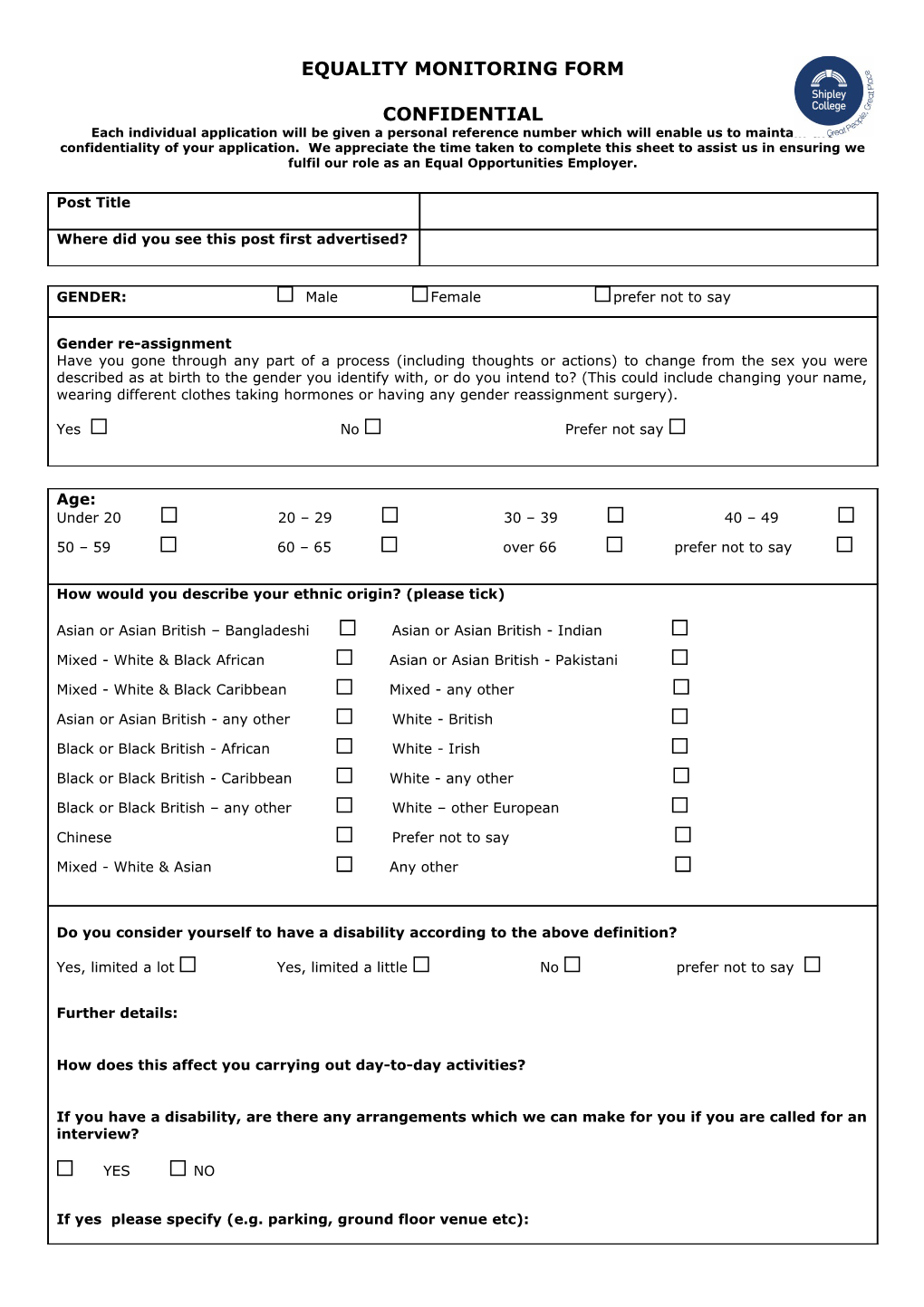 Equality Monitoring Form - Completion Guidance