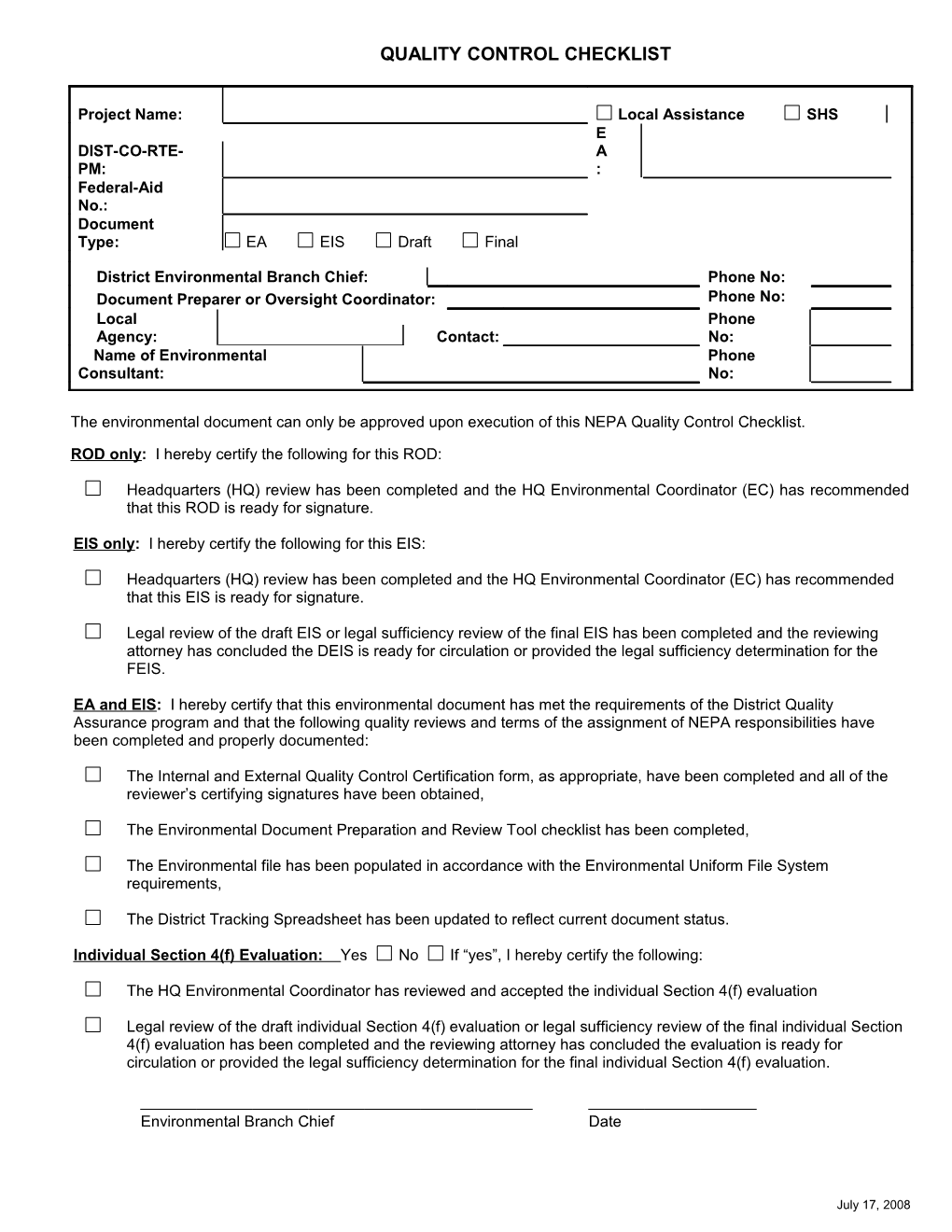 Quality Control Checklist