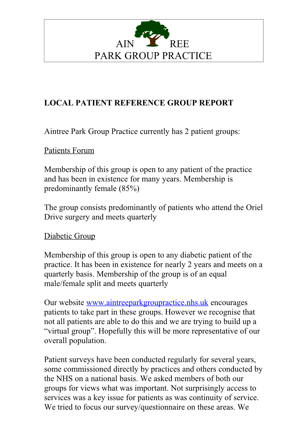 Local Patient Reference Group Report