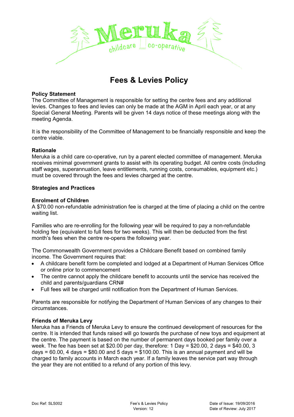 Fees & Levies Policy