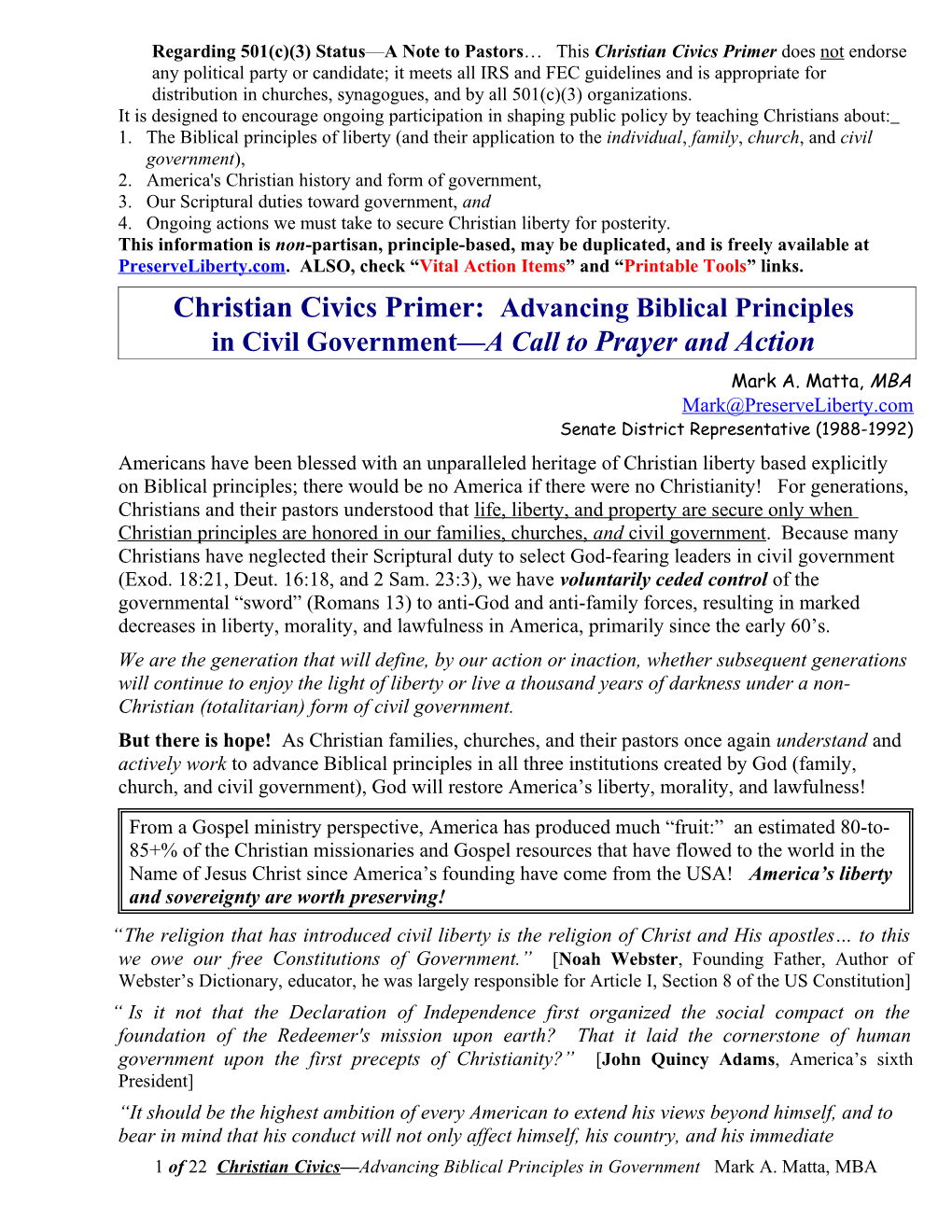 Regarding 501(C)(3) Status a Note to Pastors This Christian Civics 101 Guide Does Not Endorse