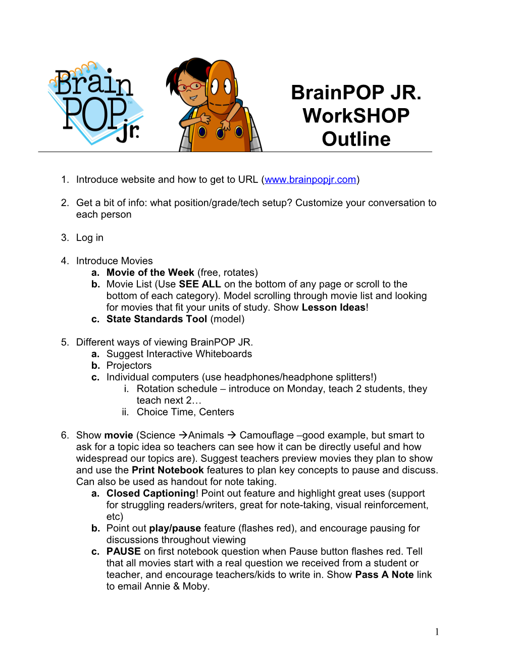 Brainpop JR. Workshop Outline