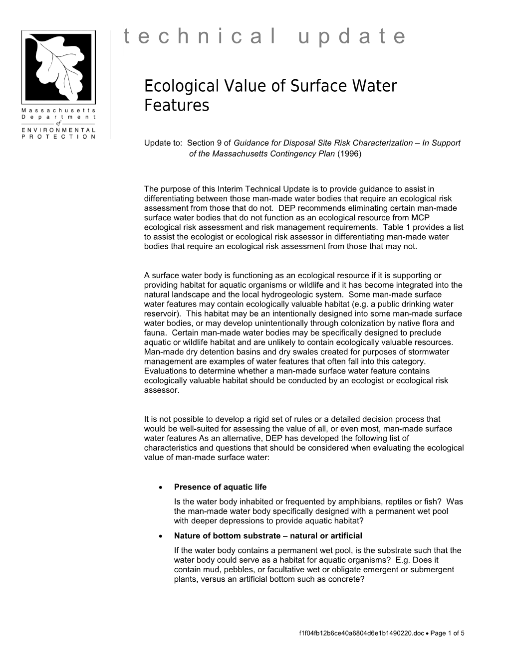 Freshwater Sediment Screening Benchmarks for Use Under the Massachusetts Contingency Plan