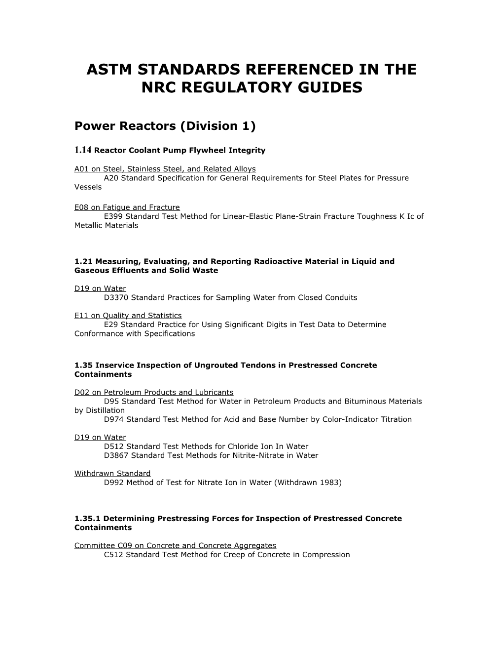 Astm Standards Referenced in the Nrc Regulatory Guides