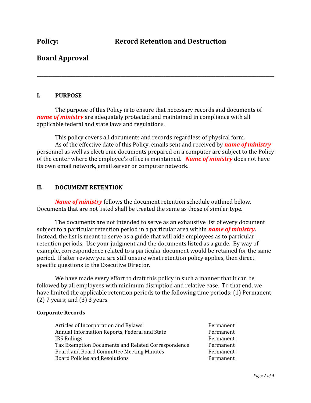 Policy: Record Retention and Destruction