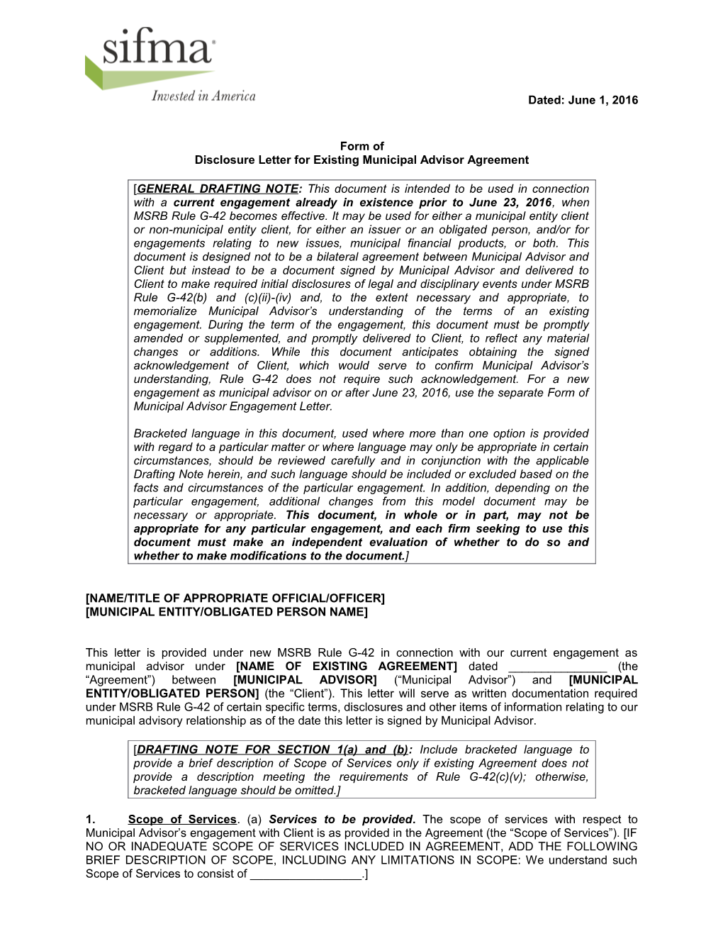 Disclosure Letter for Existing Municipal Advisor Agreement