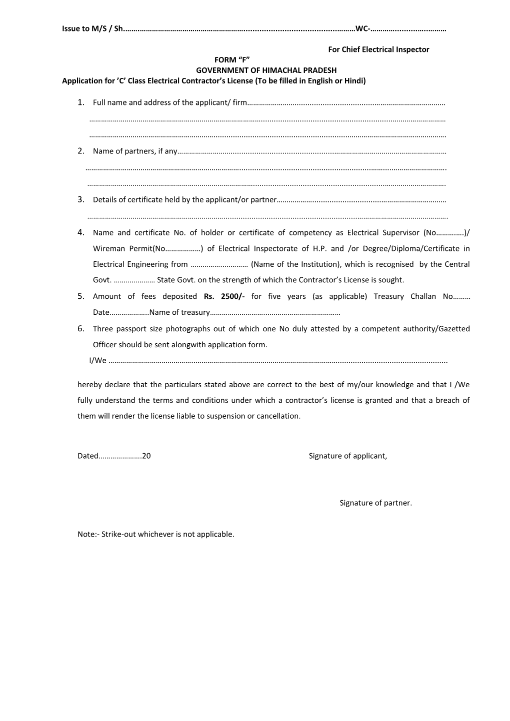 Application for C Class Electrical Contractor S License (To Be Filled in English Or Hindi)