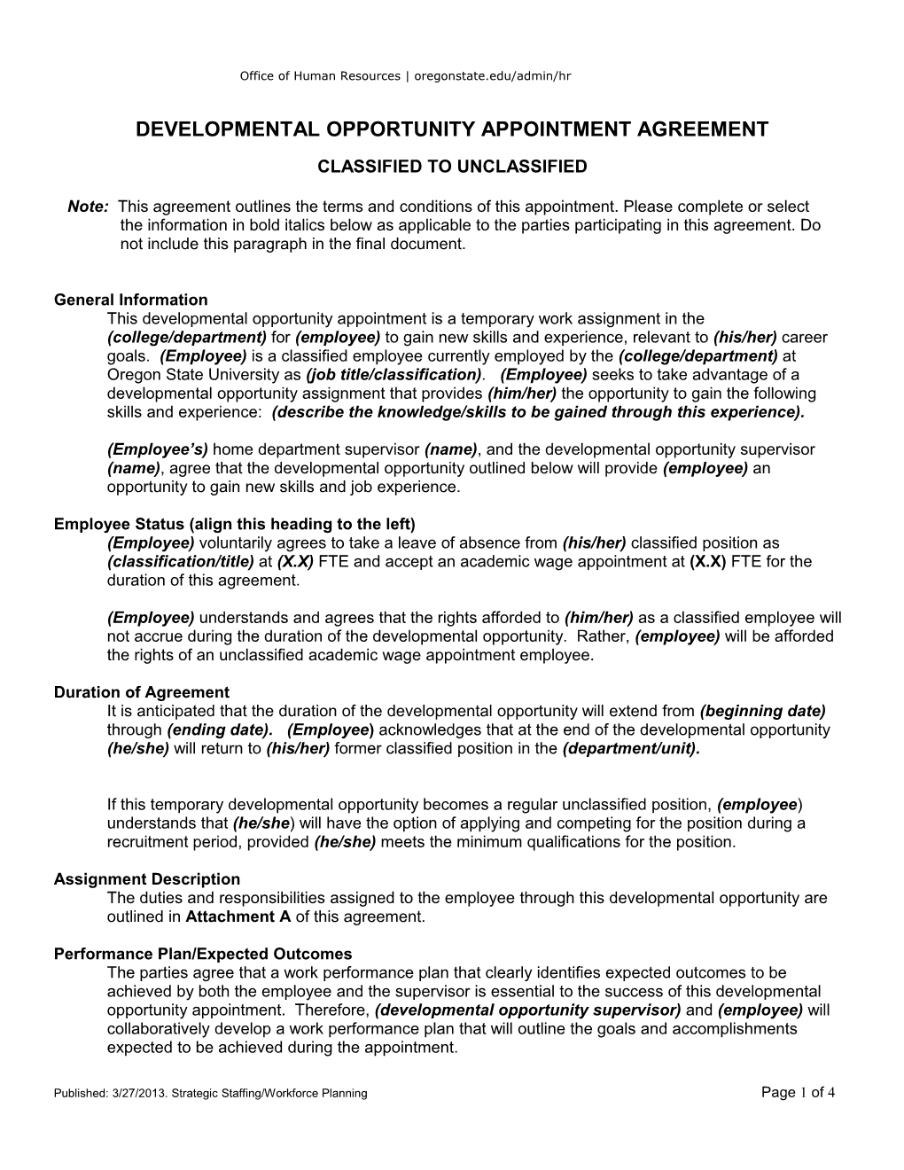 Developmental Opportunity Appointment Agreement, Classified to Unclassified