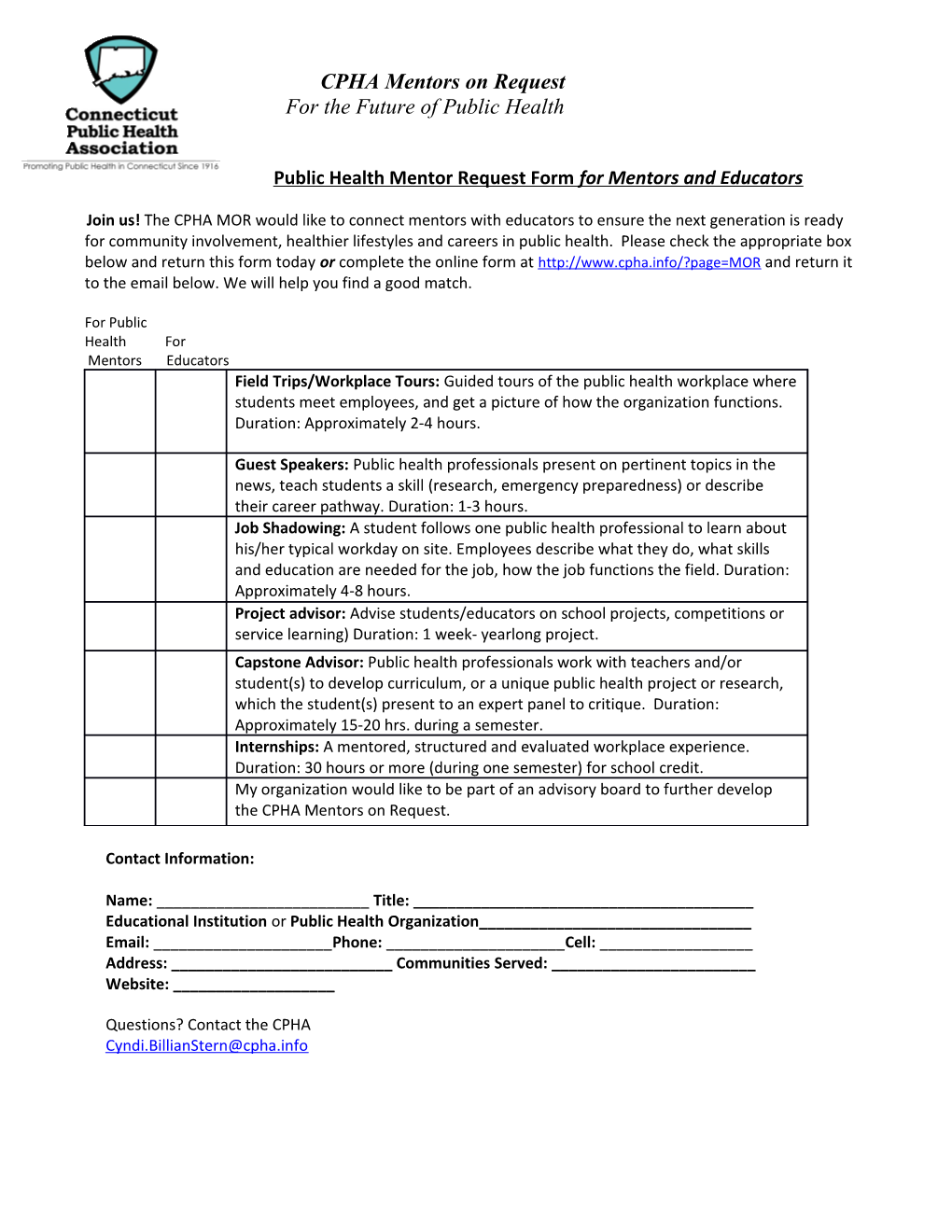 Public Health Mentor Request Form for Mentors and Educators