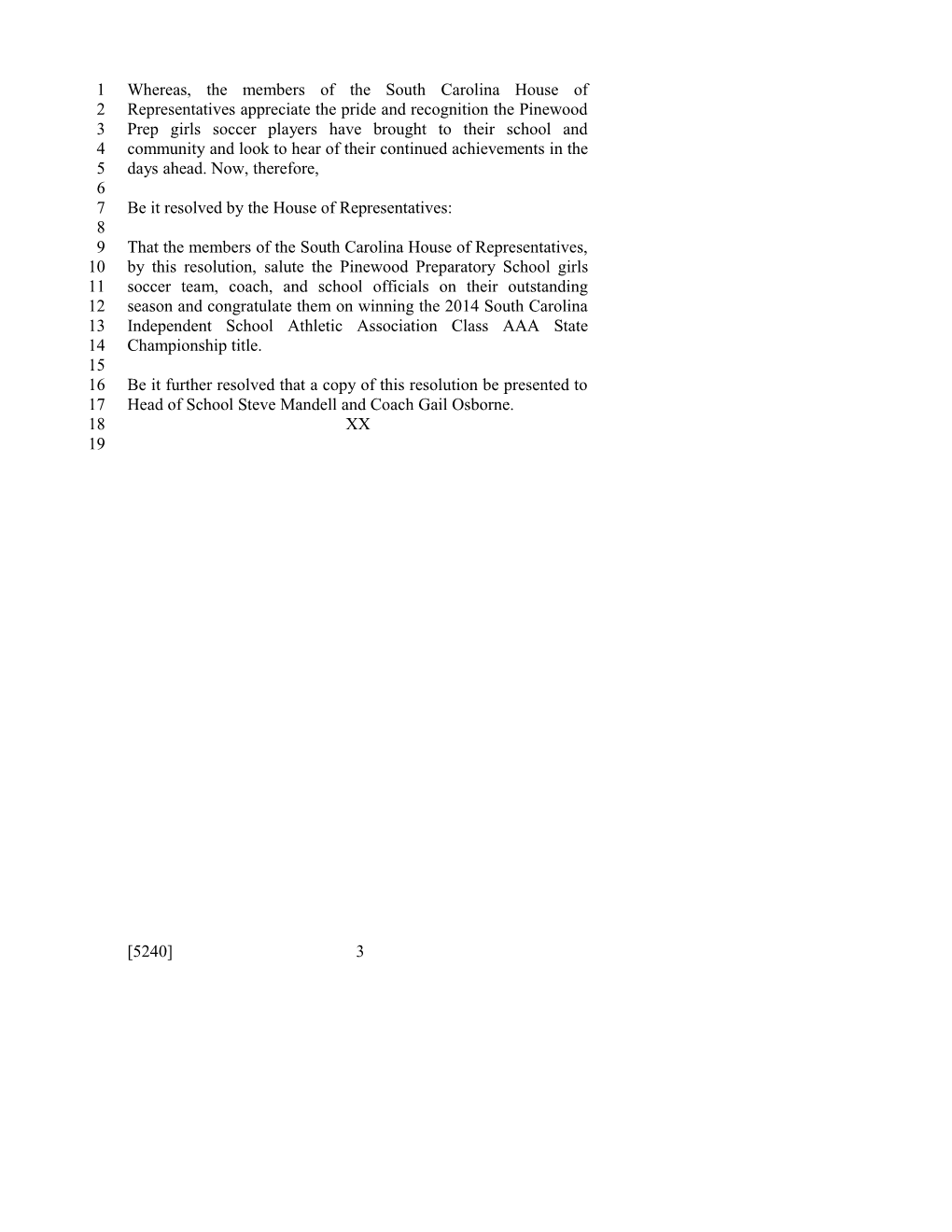 2013-2014 Bill 5240: Pinewood Preparatory School Girls Soccer Team - South Carolina Legislature