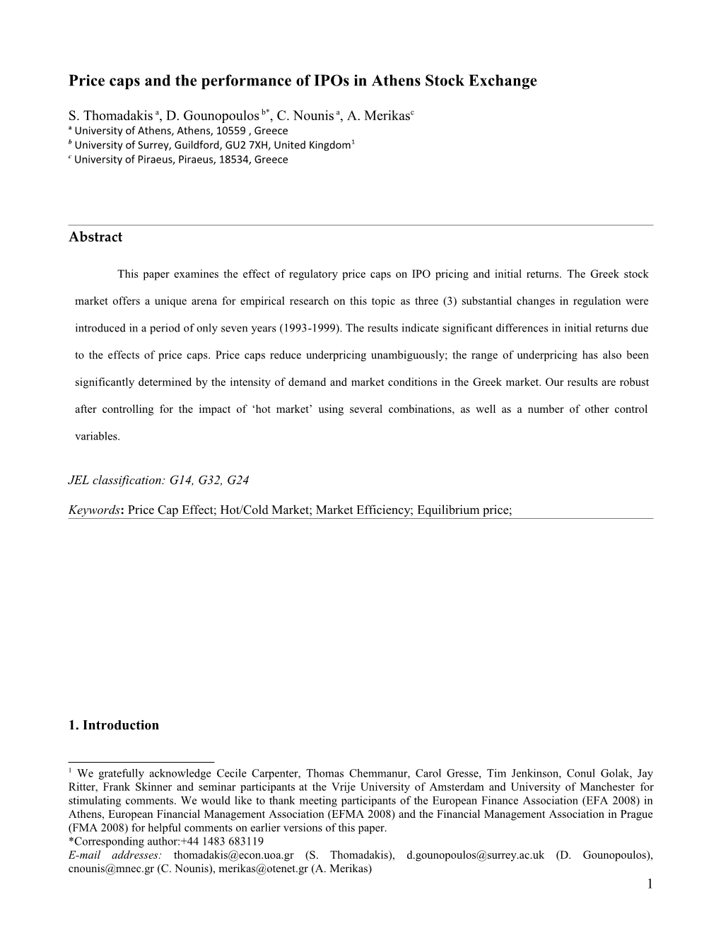 Price Caps and the Performance of Ipos in Athens Stock Exchange