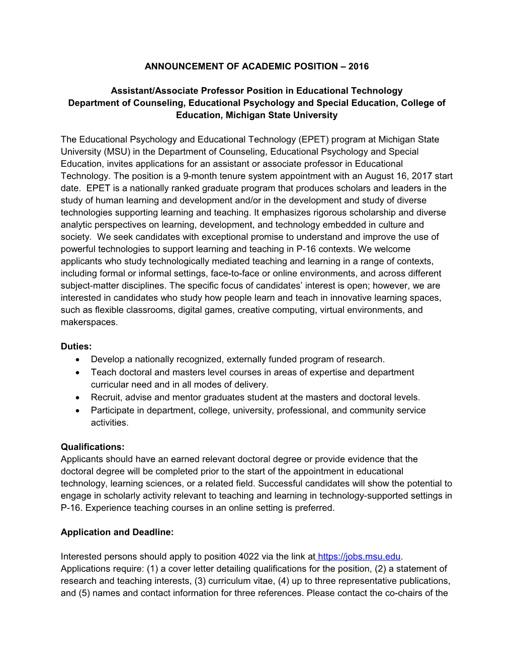 Assistant/Associate Professor Position in Educational Technology