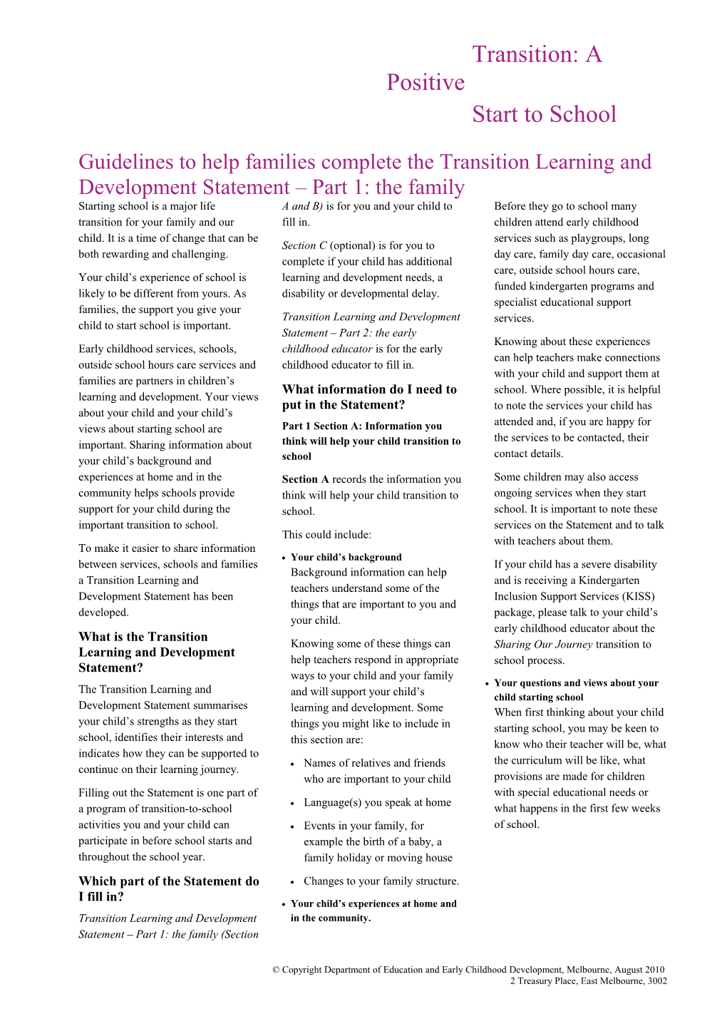 Guidelines to Help Families Complete the Transition Learning and Development Statement