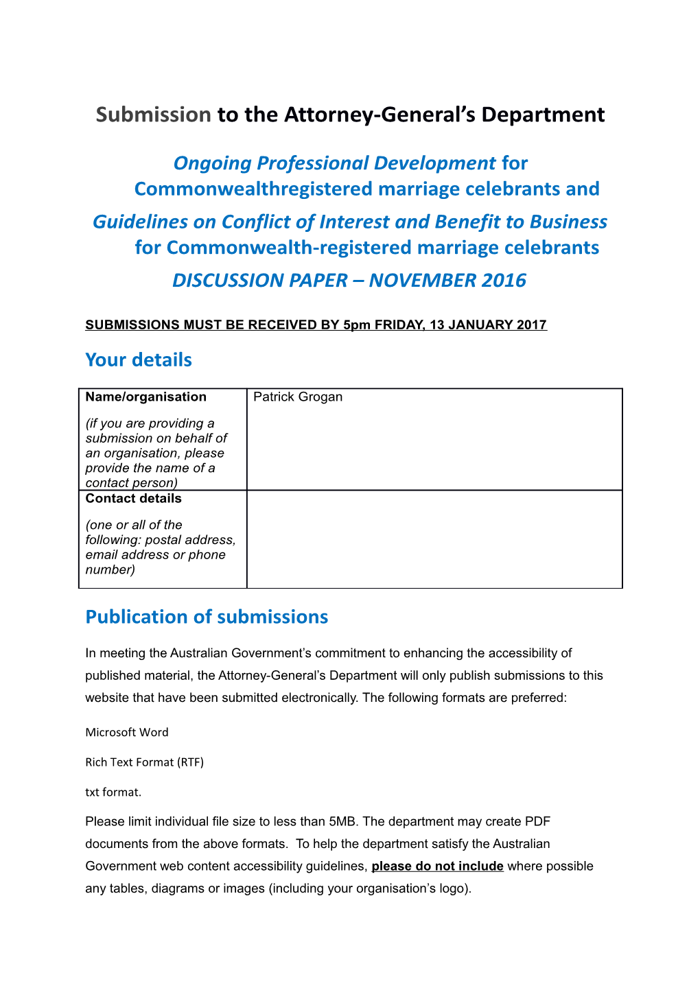 Submissions to OPD for Marriage Celebrants Consultation - Patrick Grogan