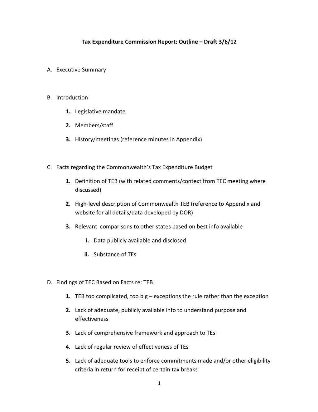 Tax Expenditure Commission Report: Outline Draft 3/6/12