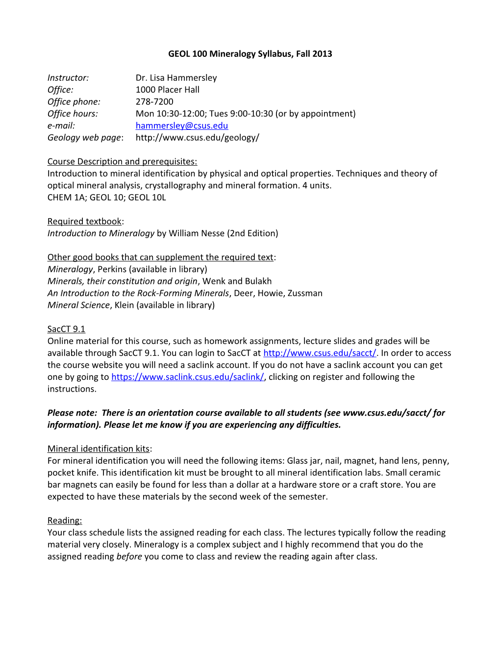 GEOL 100 Mineralogy Syllabus, Fall 2013