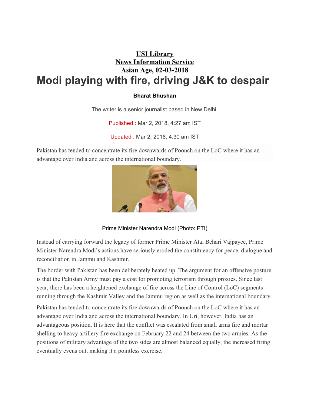 Modi Playing with Fire, Driving J&K to Despair