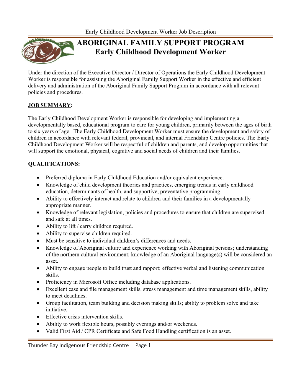 Early Childhood Development Worker Job Description