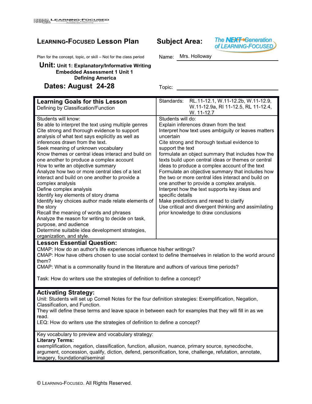 Learning-Focused Lesson Plan Subject Area