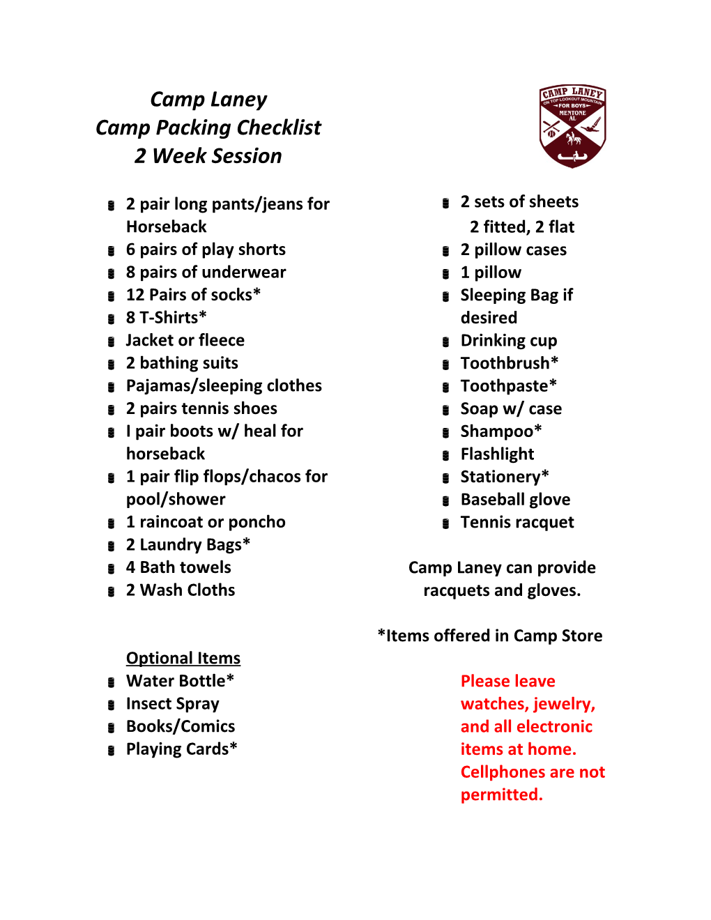 Camp Packing Checklist