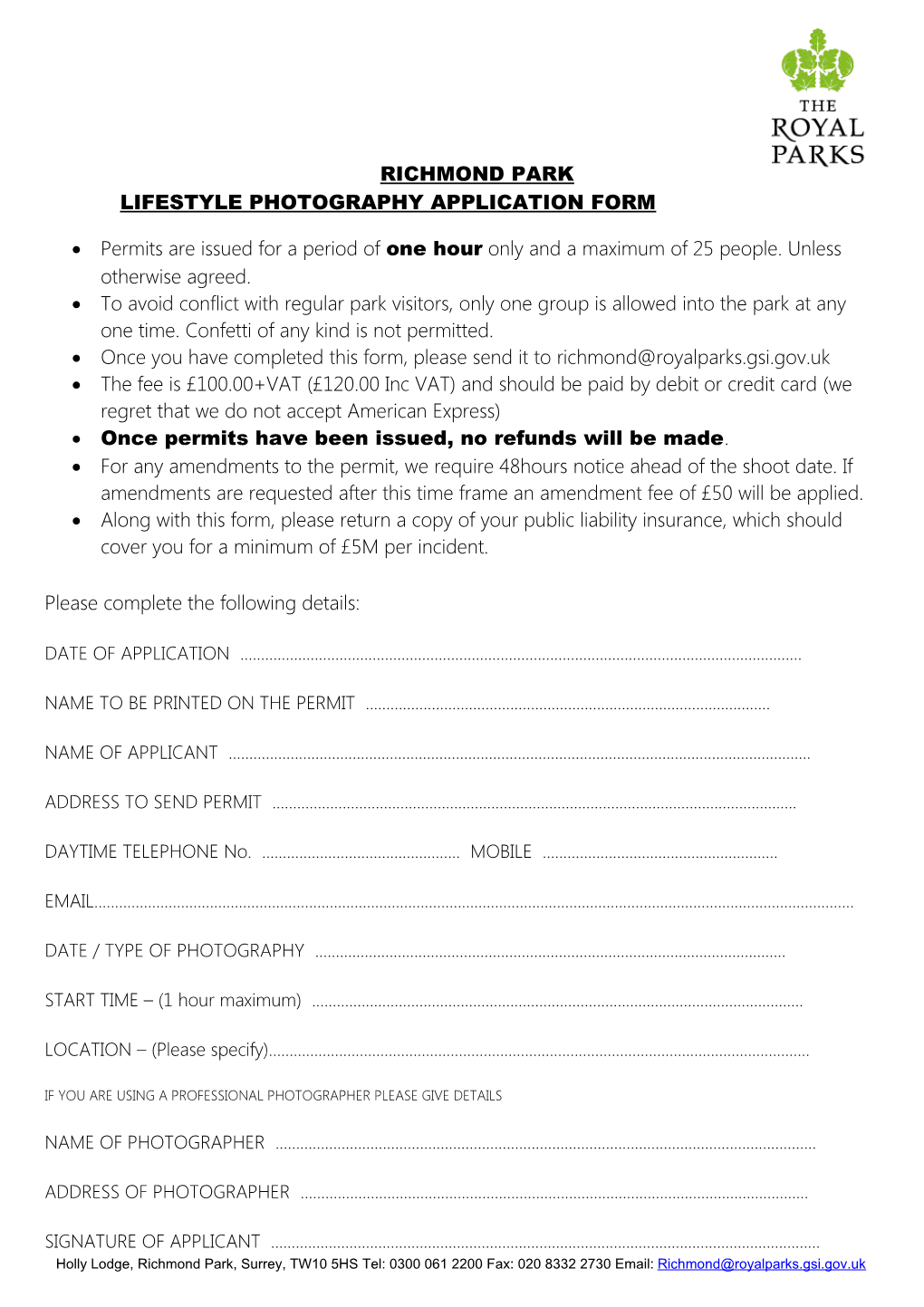 Lifestyle Photography Application Form