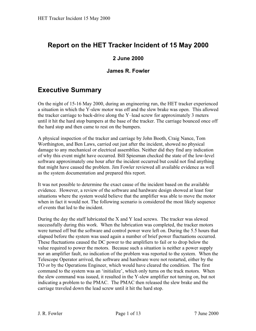 Report on the HET Tracker Crash of 15 May 2000