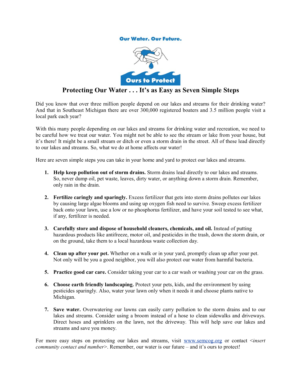 Protecting Our Water . . . It S As Easy As Seven Simple Steps