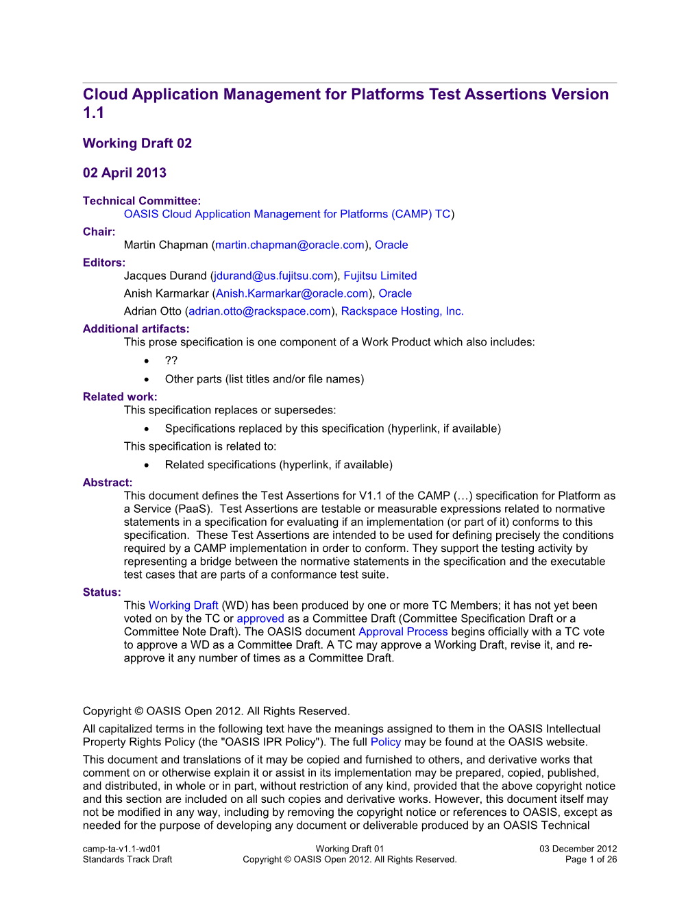 Cloud Application Management for Platforms Test Assertions Version 1.1